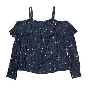 Anthropologie Floreat Navy Blue Star Print Long Sleeve Cold Shoulder Blouse NEW
